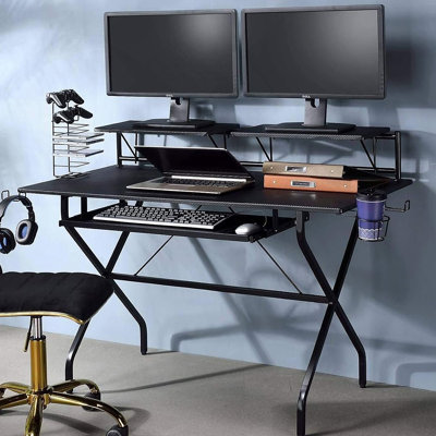 Spacious Rectangular Computer Desk With Keyboard Tray And Media Storage, Perfect For Work And Gaming