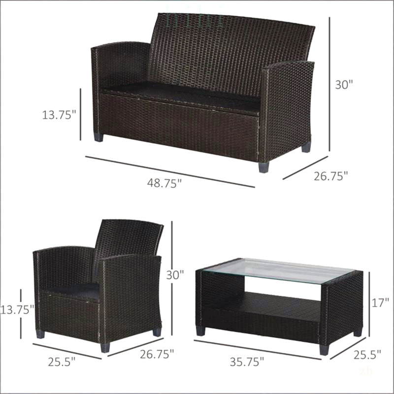 Ensemble de canapé modulaire d'extérieur en osier durable 4 pièces avec coussins et table basse en verre trempé pour patio et jardin