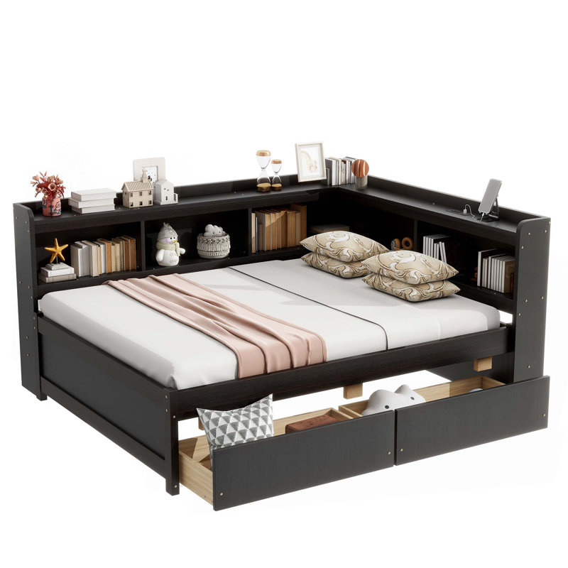 L-shaped Bookcases Bed with Power Outlets,USB Charging Ports,Two Drawers, Espresso, Full