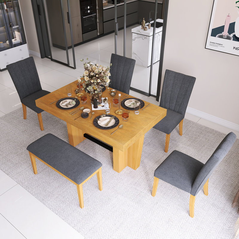 Ensemble de table de salle à manger 78 pièces 78,1 "avec banc et 4 chaises rembourrées, Brun, Brun, Brun / Gris