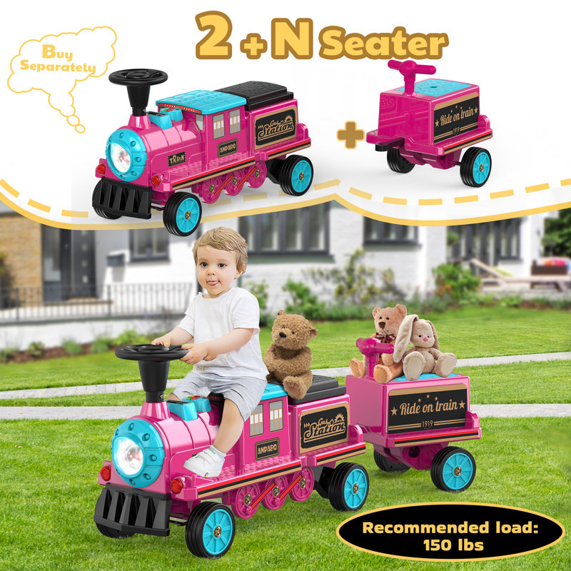 Chariot de train pour enfants avec boîte de rangement, guidon, 1 place à monter sur un train Anpabo 12v, Rose