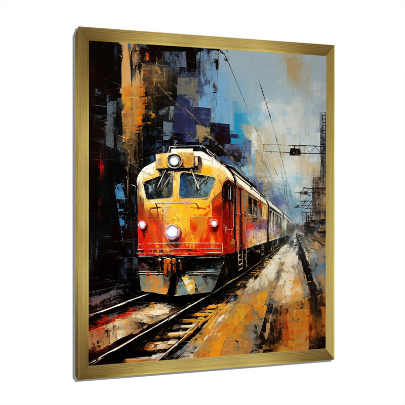 Voyage orange en train II - art mural moderne, salon, Encadrement doré, H 32 po x l 16 po x P 1 po