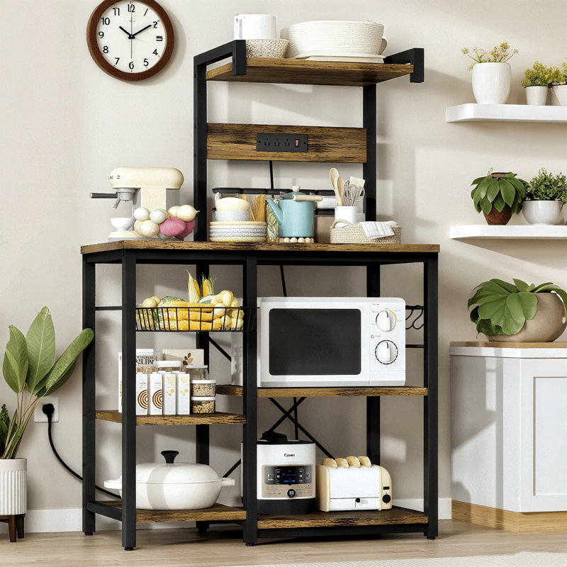 Kitchen Bakers Rack With Power Outlet, Industrial Microwave Oven Stand Coffee Bar Station With 5 S-Hooks, Freestanding Kitchen Storage Organizer With Open Shelves For Spices, Cups, Pots
