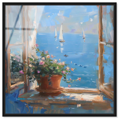 «Coastal Window View», art mural en verre acrylique encadré à haute brillance par Art Remedy, cadre noir, 24 x 24
