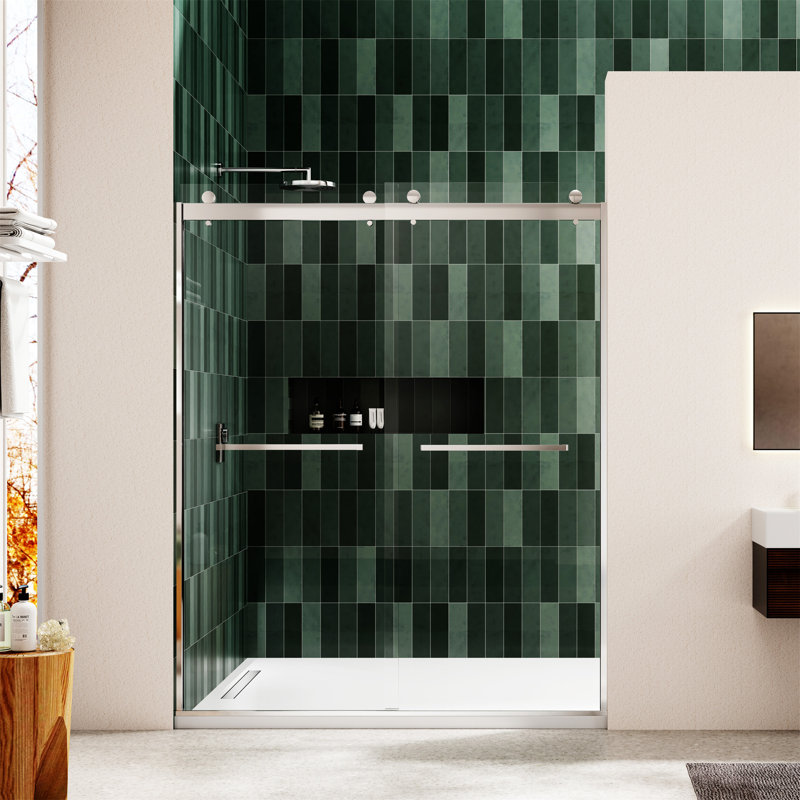 Porte de douche à dérivation, porte coulissante, avec verre trempé 5/16 po, Nickel brossé