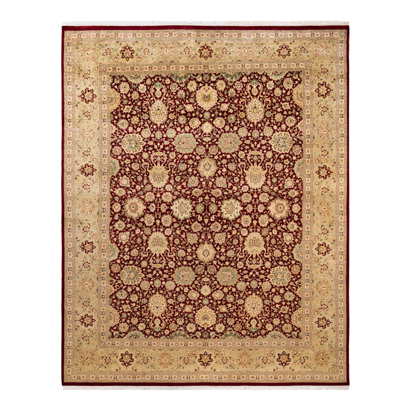 Tapis rouge / brun noué à la main de conception unique 8 pi 3 po x 10 pi 4 po Trudis Mogul