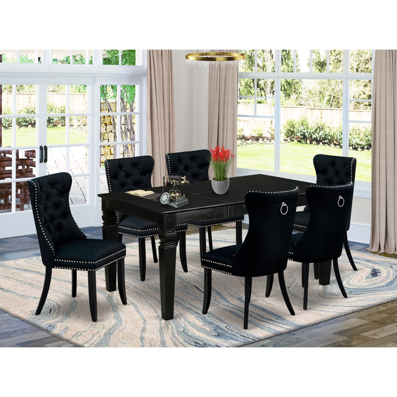 7 Piece Dining Table Set Includes a Rectangle Kitchen Table with Butterfly Leaf and 6 Polyester Fabric Padded Chairs, Black