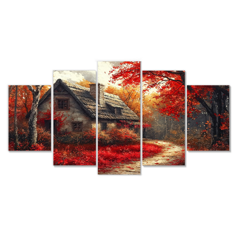 «Cottage in the Autumn Woods I» - Art mural campagne - ensemble d'art mural campagne