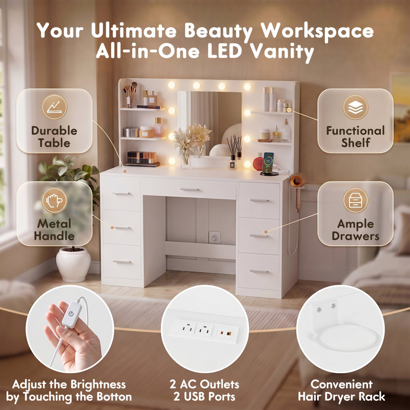 Makeup Vanity With 20W Fast Charging Type-C Outlet And 3 Modes Adjustable Brightness Light, White