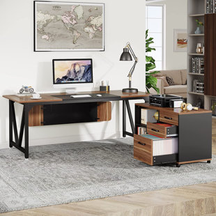 Tribesigns 67 Executive Desk and 55 Lateral File Cabinet, L Shaped Desk with Storage Cabinet & Shelves, Walnut & Black & Grey