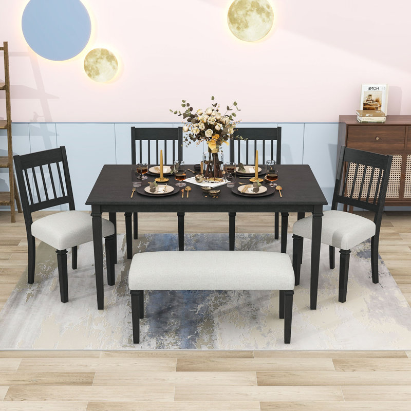 Ensemble de table de salle à manger 6 pièces avec 4 chaises rembourrées et banc, Gris colombe