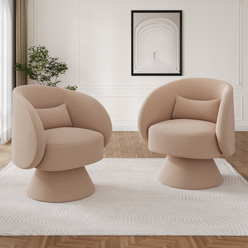 Upholstered Swivel Barrel Chair (Set Of 2), Light Brown Linen