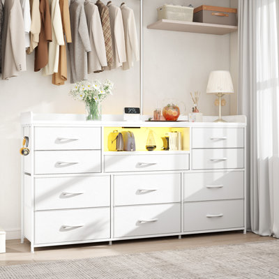 Multifunctional Dresser Tv Stand For 60" Tv With Fabric Drawers - Storage Cabinet With Charging Ports & Led Lights
