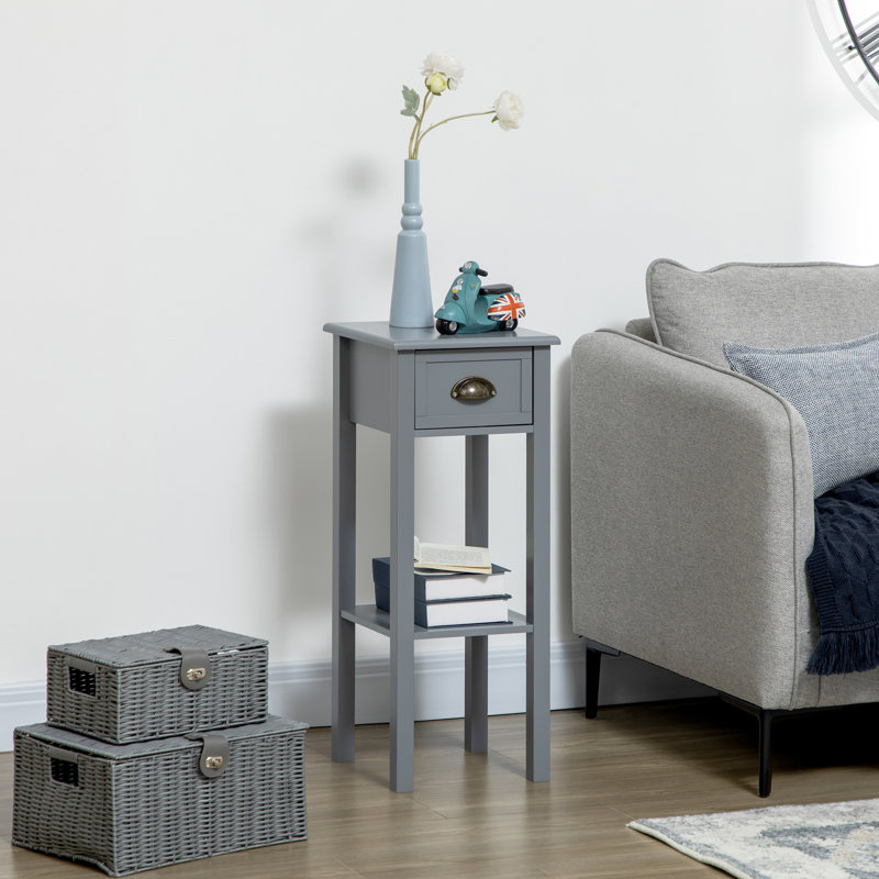 2 tables d'appoint avec tiroir, extrémité étroite grise pour le salon et la chambre à coucher. Range les magazines, les livres, les plantes et les photos en toute sécurité. Conception élégante, construction stable, mécanisme de chute. La tablette supérieure haute prévient les dommages.