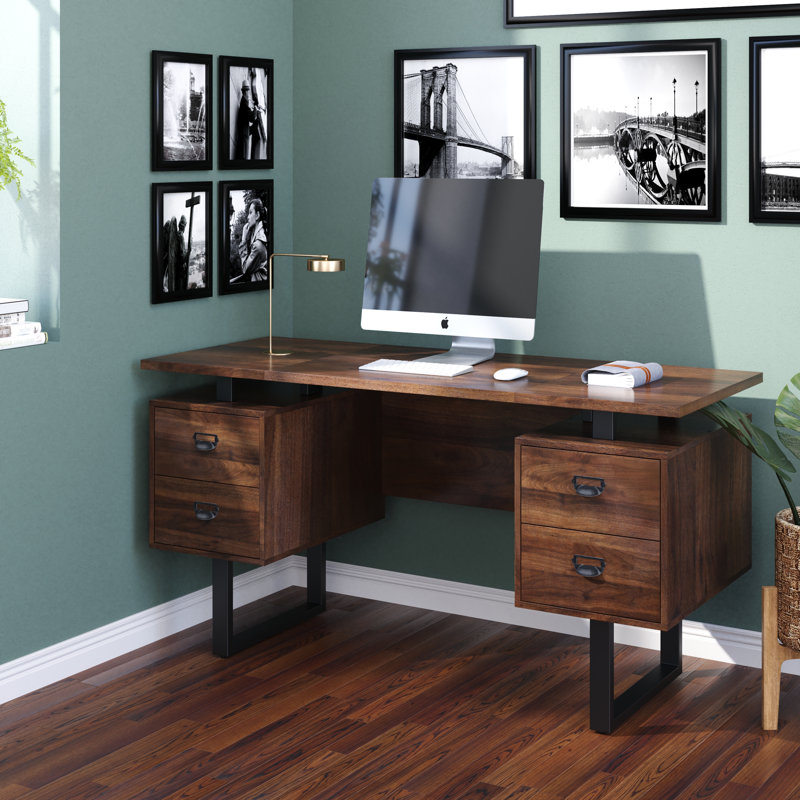 Home Office Computer Desk With Drawers/59 Inch Writing Study Table With Drawers, Walnut