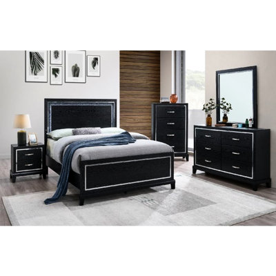 Très grand lit à panneau noir avec finition distinctive et apparence de grain de bois, taille spacieuse pour le repos, conception de la structure, éclairage arrière intégré, largeur de 86 po, profondeur de 80 po, hauteur de 56 po, poids audible de 93,88 livres