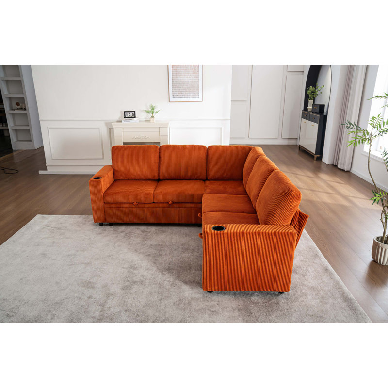 Modular Sleeper Sofa with Storage and USB Charging, Orange Corduroy