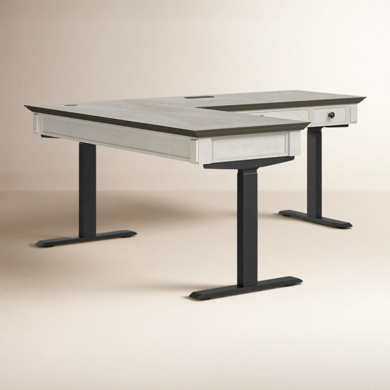 Emelia Adjustable L-Shaped Standing Desk, White/Ash Brown