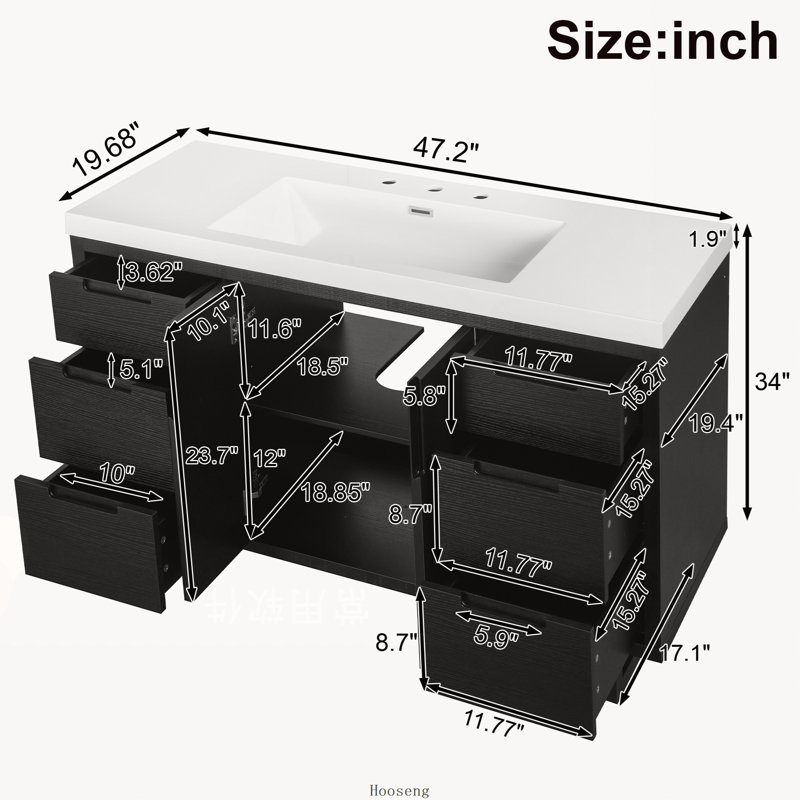 Meuble-lavabo moderne de 120 cm (47,2 pouces) avec 2 portes d'armoire, 6 tiroirs, glissières à fermeture amortie dissimulées et comptoir en résine SMC