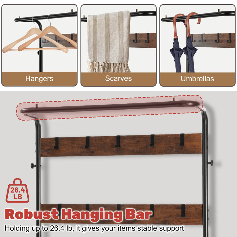 4-In-1 Entryway Hall Tree With 10 Hooks, 28.3'' Wide Coat Rack With Bench and Shoe Storage, Brown