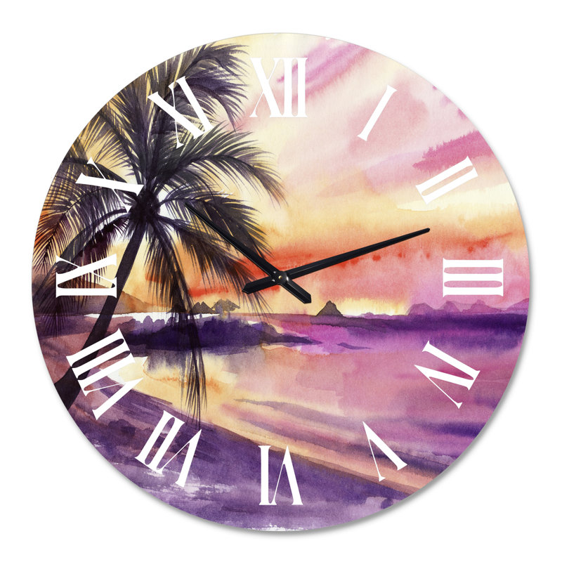 Rose et mauve Palm Beach Sunset - horloge murale nautique et côtière, Surdimensionné
