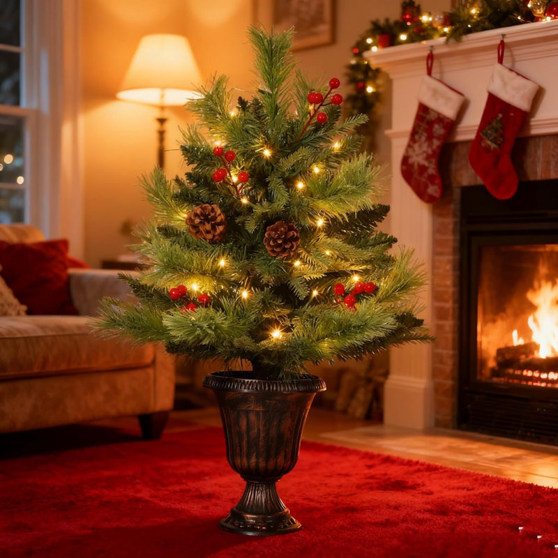 Mini arbre de Noël artificiel de table 2 pieds pré-éclairé avec 40 lumières pommes de pin et baies rouges
