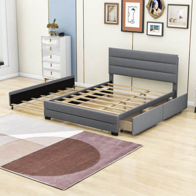 Hamden Queen Size Upholstered Platform Bed with Twin Size Trundle and Drawer -  Latitude Run®, 964B78FA2081475EA919737D4B543D2C