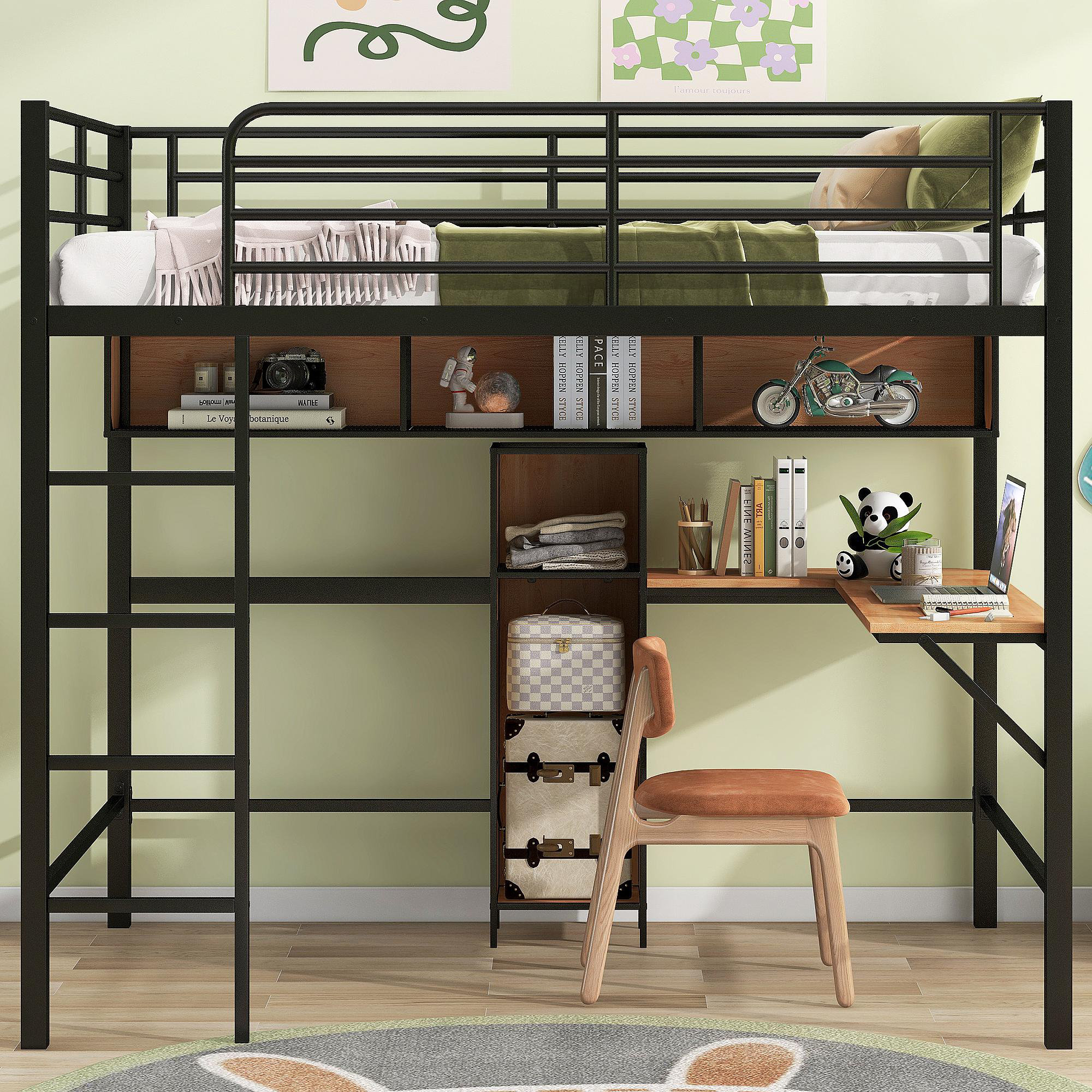 Latitude Run® Full Size Metal & Wood Loft Bed With L -Shaped Desk And ...