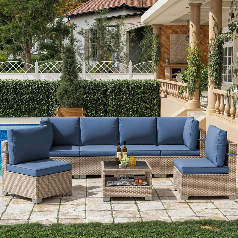 Ensemble de conversation d'extérieur, ensemble de jardin en résine tressée pour 6 personnes, groupe de sièges modulaire avec coussins, mobilier de jardin, mobilier d'extérieur et de terrasse avec tables, bleu marine