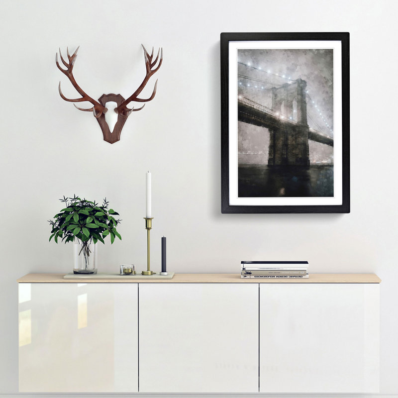 Lights of Brooklyn Bridge - Framed Print, 63cm H x 45cm W x 2cm D, Black Framed