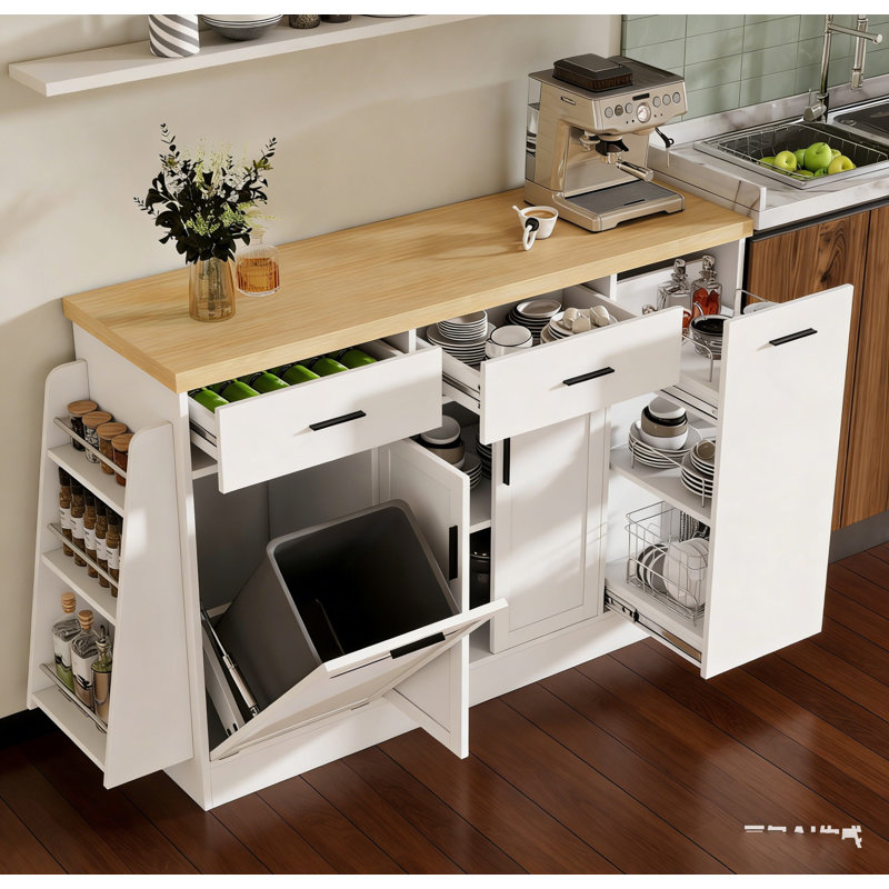 Multi-Functional Storage Sideboard, Trash Can Storage, Sliding Door Cabinet & 3-Tier Spice Rack,Kitchen Island Table For Kitchen, Dining Room