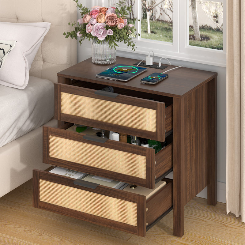 3-Drawer Boho Nightstand With Power Outlet, Brown