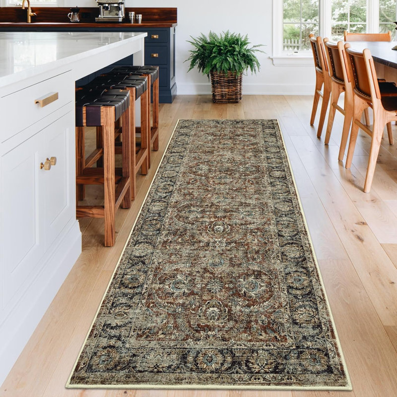 2x6 Washable Runner Rug – Vintage Distressed Design, Non-Slip, Soft Bath Mat for Kitchen, Entryway, Laundry, Runner 2' x 6'