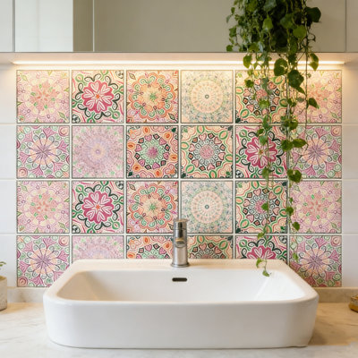 48PCS Mandala Tile Stickers Set, Peel and Stick Wall Tile Wall Decor for Home Bathroom Kitchen,Wall Sticker Backsplash Waterproof PVC Decoration Stickers, 5.9X5.9 Inch (Pink)