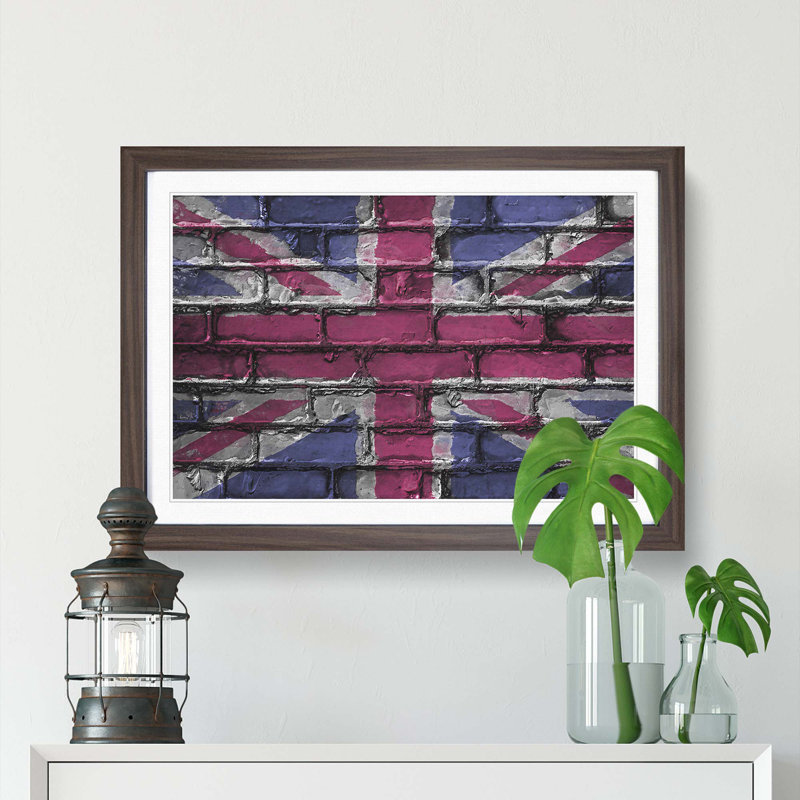 Union Jack Brick Wall Graffiti in Abstract - Picture Frame Graphic Art Print, 27cm H x 36cm W x 2cm D, Walnut Framed