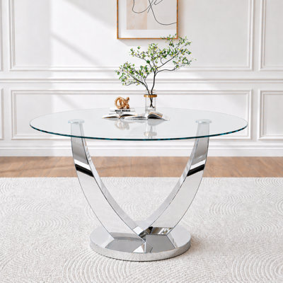 47.2" Round Glass Dining Table, Modern Round Clear Kitchen Table, Tempered Glass Dining Table with Metal Base