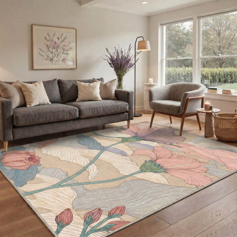 Tapis beige / rose / bleu / vert lavable à la machine Botanique avec envers antidérapant, Rectangle 9' x 12'