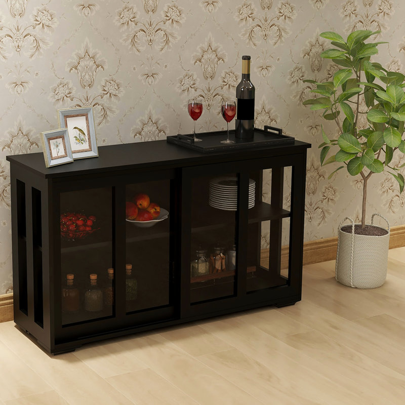 Meuble de rangement pour cuisine avec porte en verre - noir. Fabrication durable. Grand espace: deux portes coulissantes et tablettes réglables. Stabilité du fond antidérapant. Facile à assembler. Finition peinte.