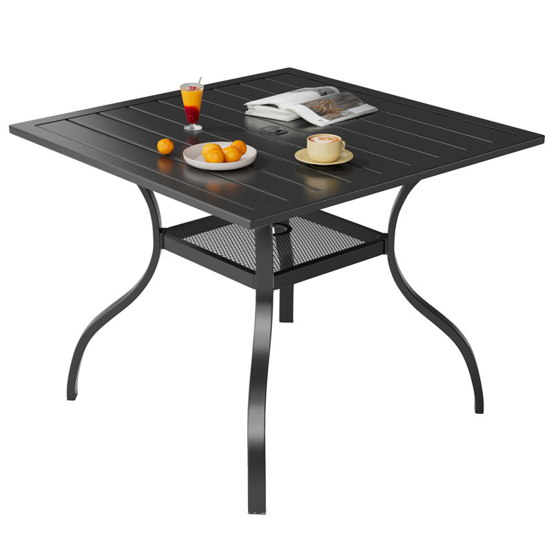 37" Patio Square Metal Dining Table With 1.57" Umbrella Hole and Lower Storage Shelf, 28" H x 37" W x 37" D