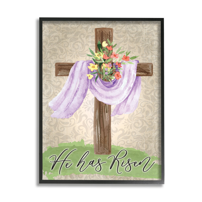 «He Has Risen Spring Floral Cross Brown Damask» par ND Art - impression, Giclée encadrée noir minuit