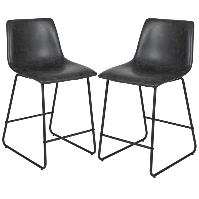 Liekele Upholstered Sled Base Bar Stool, Counter Stool (24” Seat Height), Gray Faux Leather