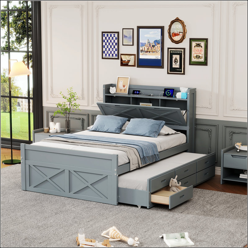 Lit double en bois avec tête de lit et lit gigogne, un choix élégant et pratique pour toute chambre à coucher., Double