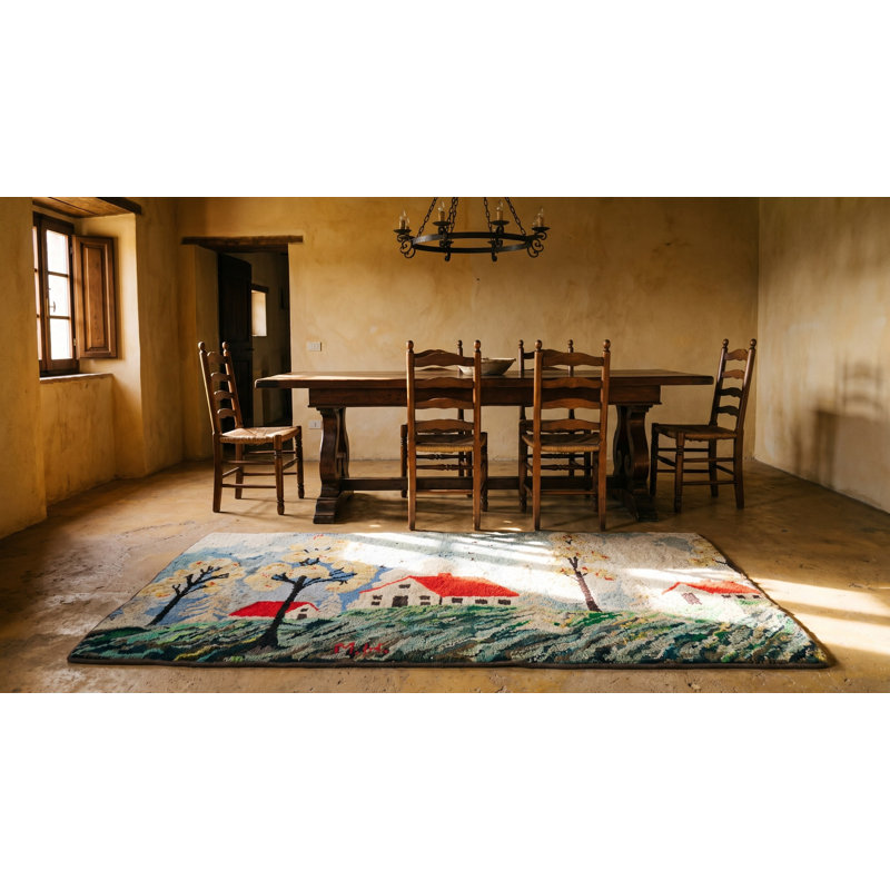 Antique American Scenic Folk Art Farm Cabin Design Hooked Rug