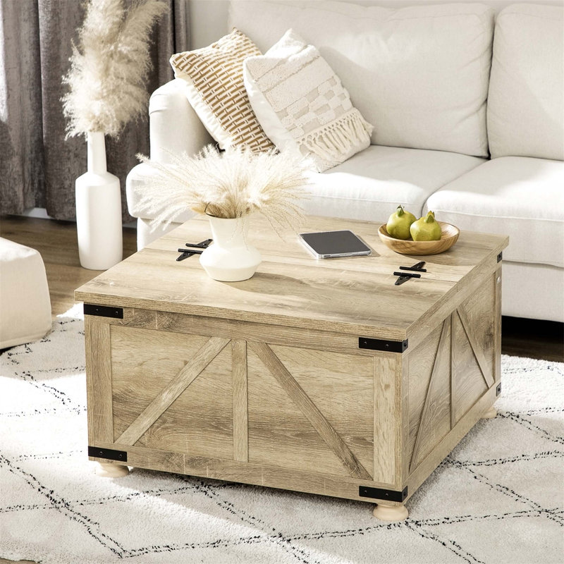 Caelah Coffee Table with Flip Top Hidden Storage, Square Center Table, Natural, Beige