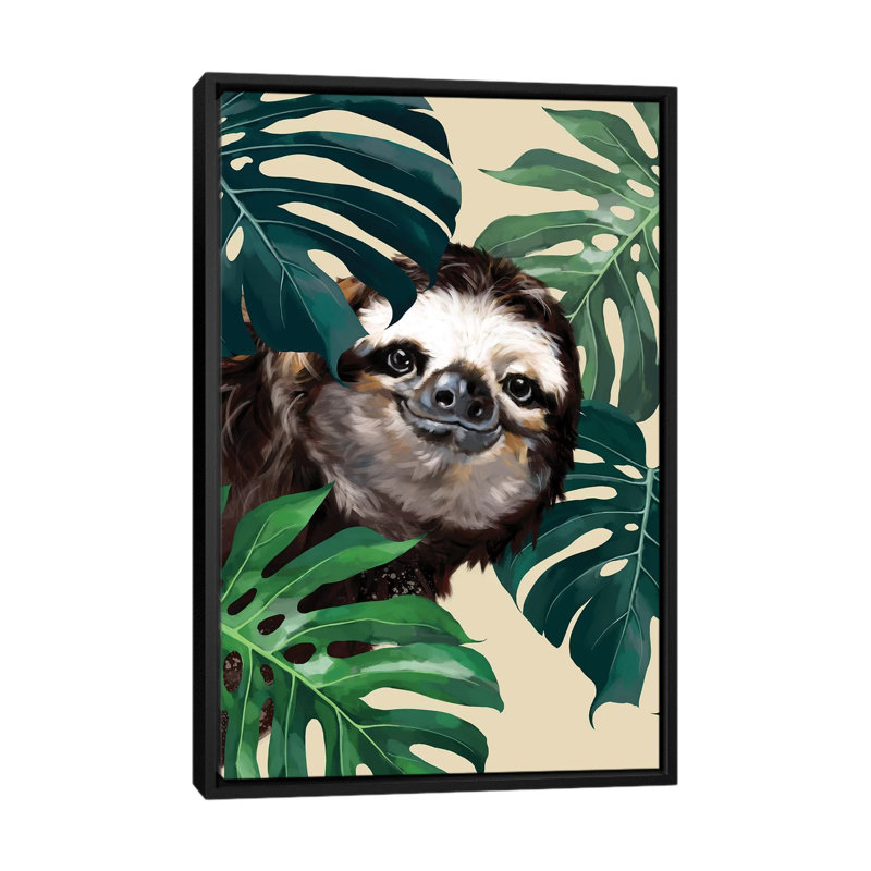 Sloth furtif avec monstera, H 40 po x l 26 po x P 1,5 po, Toile avec cadre noir