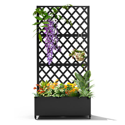 Metal Raised Planter Box with Trellis and Wheels for Patio & Garden）