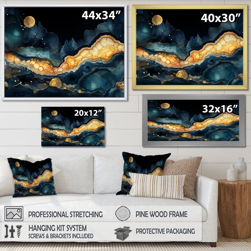 Inclinaison dorée et bleue - art mural géométrique, H 24 po x l 32 po x P 1 po, Cadre flottant doré