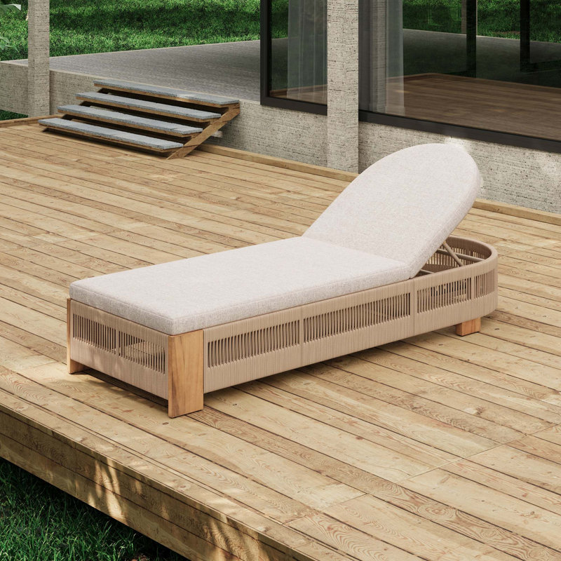 Chaise longue d'extérieur avec dossier réglable et coussin confortable, Beige et teck