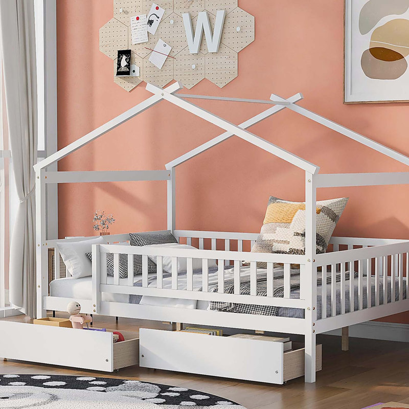 Full Size Wooden House Bed with Two Drawers, White, White