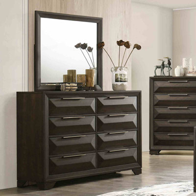 Transitional Dresser with Mirror Beveled Bracket Feet Metal Handles 8-Drawers English Dovetail  Bedroom Furniture